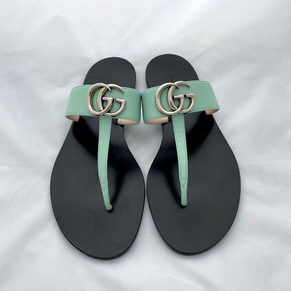 Gucci Shoes - Gucci Marmont GG Thong Leather Water Green EU 37.5 US 7.5 Flip Flop Flat Sandals